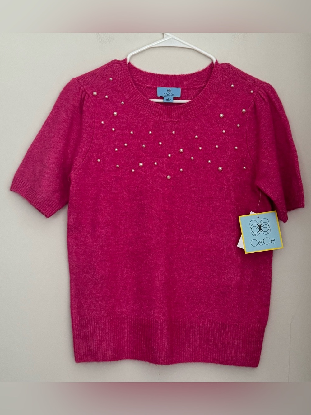 CeCe Hot Pink Pearl-Accent Short-Sleeve Crewneck Sweater